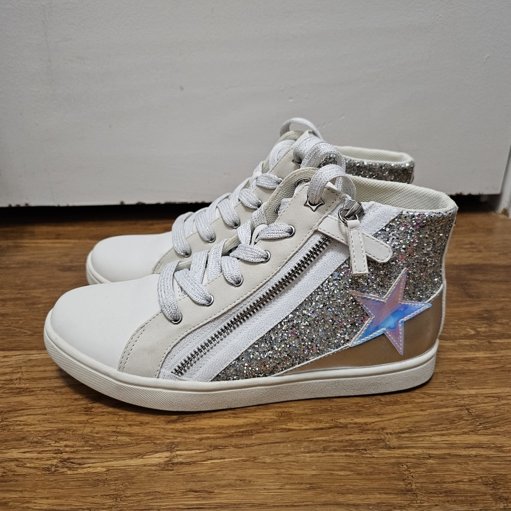 ​✨Nina Kids Yuti High-Top Sneakers White Silver Glitter Iridescent Star Size 5M